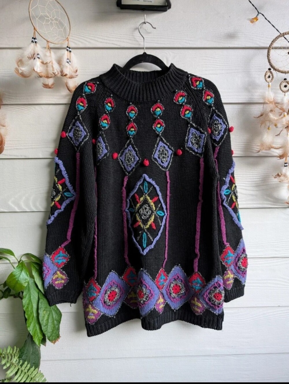 Vintage Granny Sweater Rebecca Stone 80's 90s Bohemian Embroidered